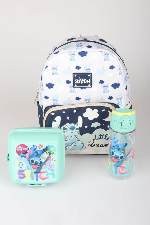 x Dekomus Lisanslı Stitch Little Dreamer Collection Tek Bölmeli Küçük Boy Anaokul Çantası,Beslenme Kabı ve Matara Seti