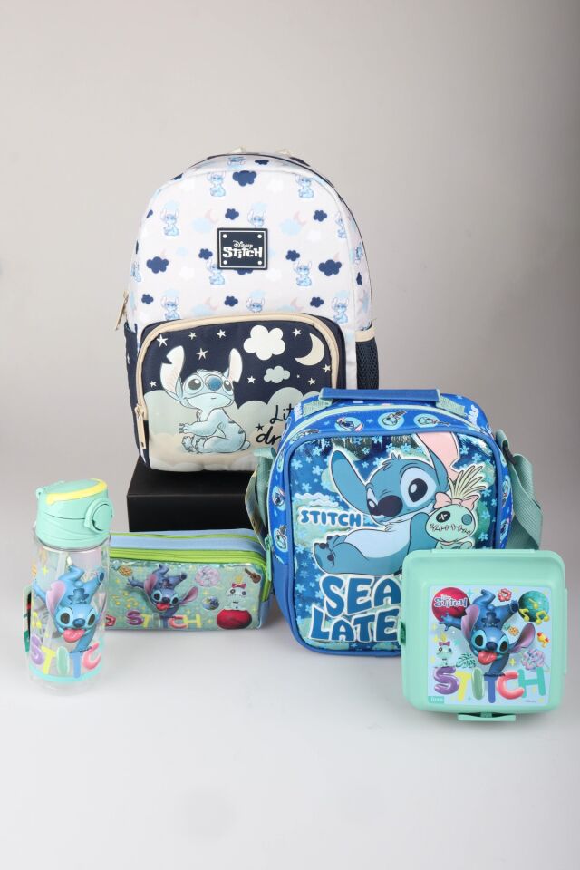 x Dekomus Lisanslı Stitch Little Dreamer Collection Tek Bölmeli Küçük Boy Anaokul,Beslenme ve Kalem Çantası,Beslenme Kabı ve Matara Seti