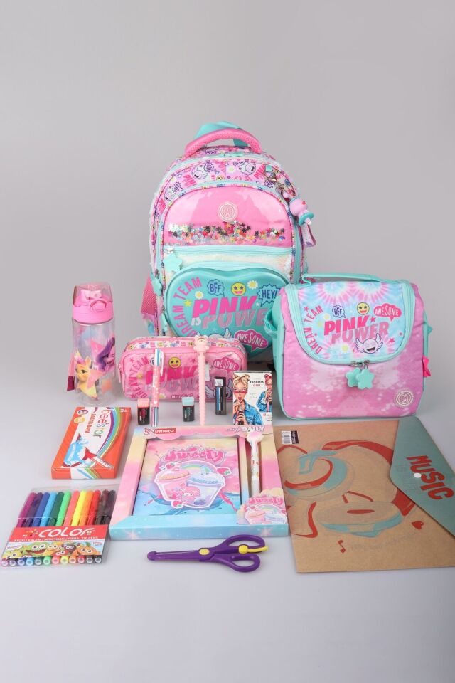 DEKOMUS İLE ''''PINK POWER KOLEKSİYONU'' BÜYÜK BOY OKUL,TERMOSLU BESLENME VE KALEM ÇANTASI İLE KIRTASİYE SETİ