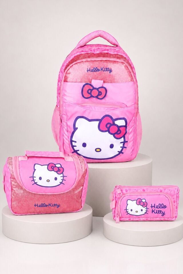 x Dekomus Lisanslı Hello Kitty Glitter Bow Collection Okul Çantası,Termoslu Beslenme Çantası ve Kalem Çantası Seti