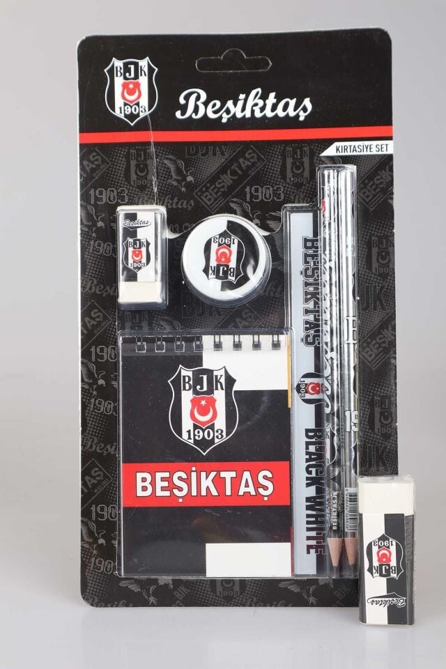 YENİ SEZON LİSANSLI BEŞİKTAŞ 6'LI KIRTASİYE SETİ NOT DEFTERİ,CETVEL,2 ADET SİLGİ,KALEMTRAŞ,2 ADET KURŞUN KALEM