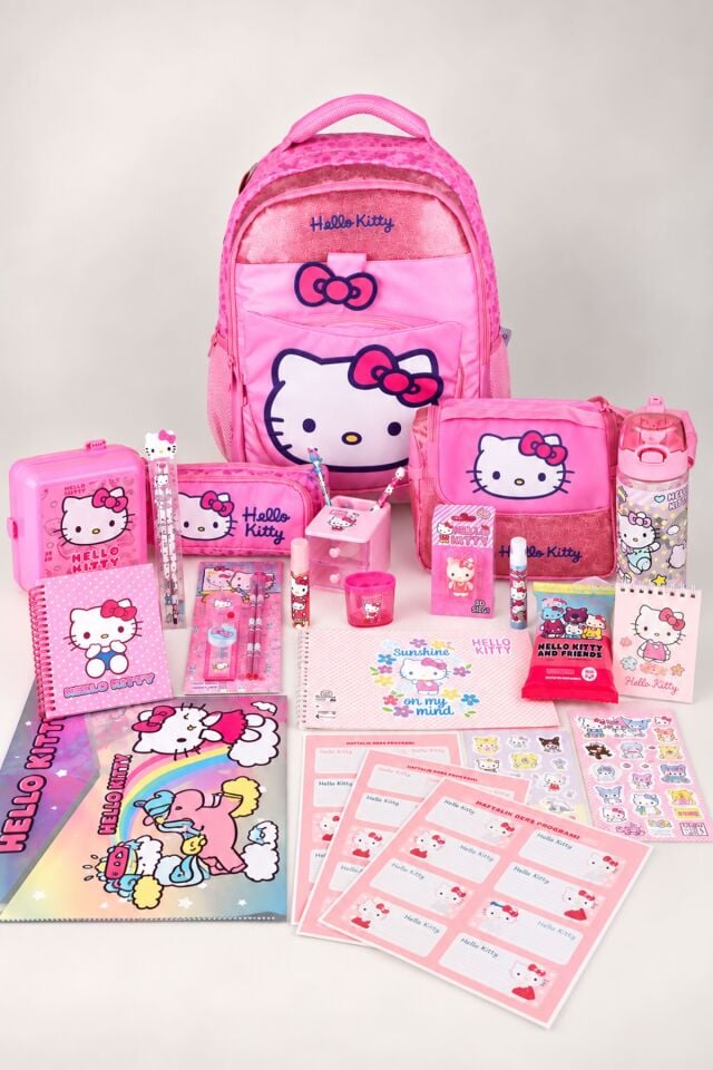 x Dekomus Lisanslı Hello Kitty Glitter Bow Collection Full Kırtasiye Seti Okul Çantası,Termoslu Beslenme Çantası ve Kalem Çantası Seti
