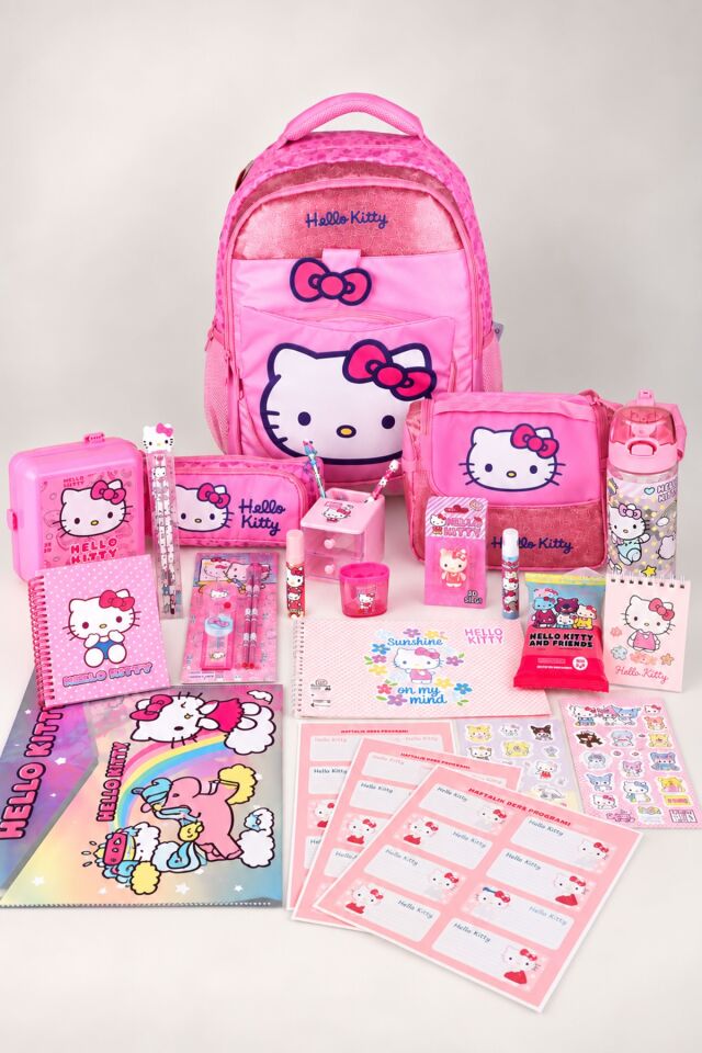 x Dekomus Lisanslı Hello Kitty Glitter Bow Collection Full Kırtasiye Seti Okul Çantası,Termoslu Beslenme Çantası ve Kalem Çantası Seti