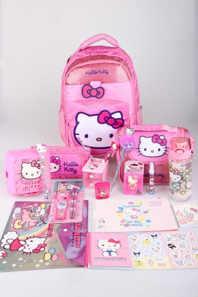 x Dekomus Lisanslı Hello Kitty Glitter Bow Collection Full Kırtasiye Seti Okul Çantası,Termoslu Beslenme Çantası ve Kalem Çantası Seti
