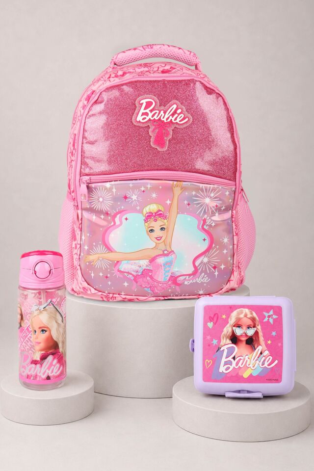 x Dekomus Lisanslı Barbie Ballerina Magic Collection Büyük Boy Okul Çantası,Beslenme Kabı ve Matara Seti