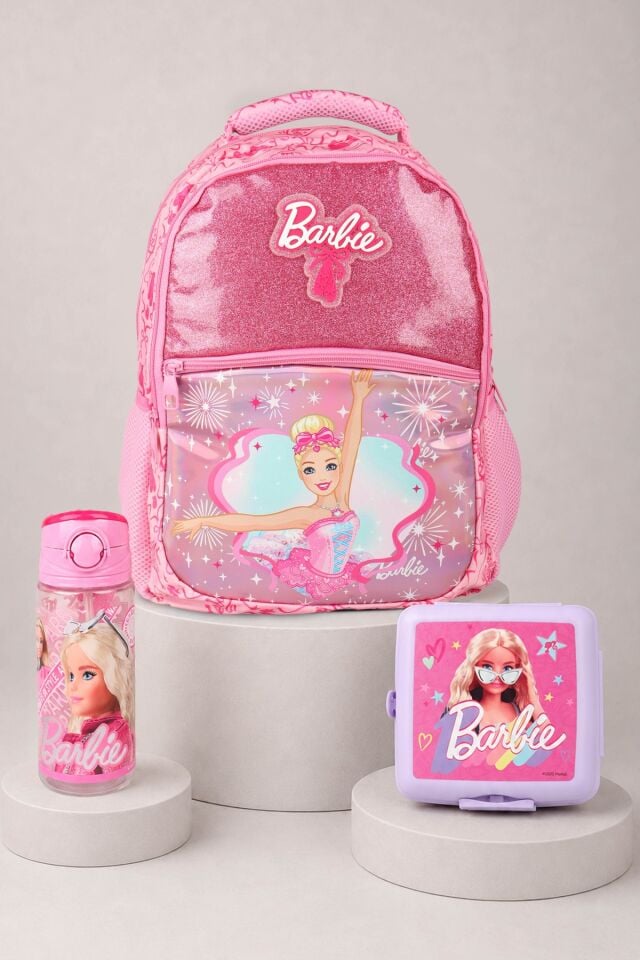 x Dekomus Lisanslı Barbie Ballerina Magic Collection Büyük Boy Okul Çantası,Beslenme Kabı ve Matara Seti