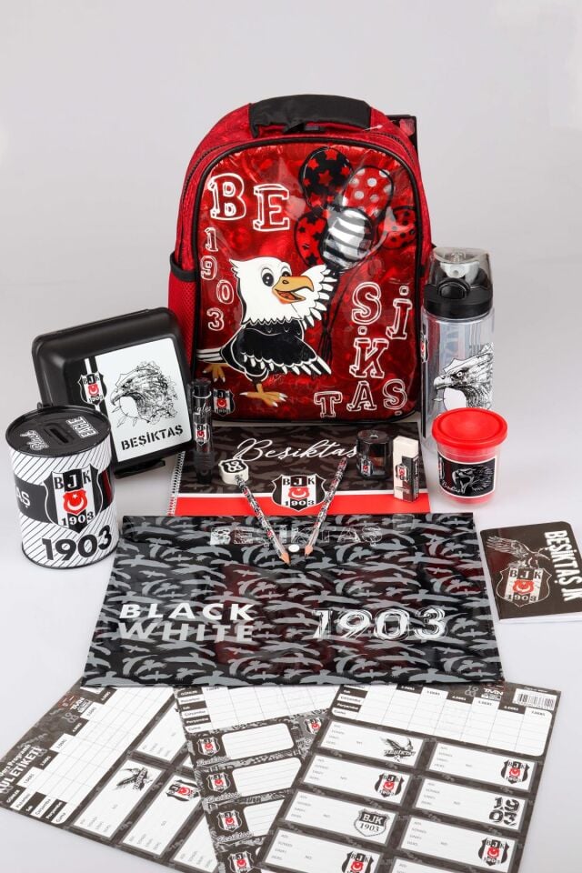 LİSANSLI BEŞİKTAŞ TEK BÖLMELİ KÜÇÜK BOY 32 CM ANAOKUL ÇANTASI,BESLENME KABI,500 ML MATARA İLE FULL KIRTASİYE SETİ