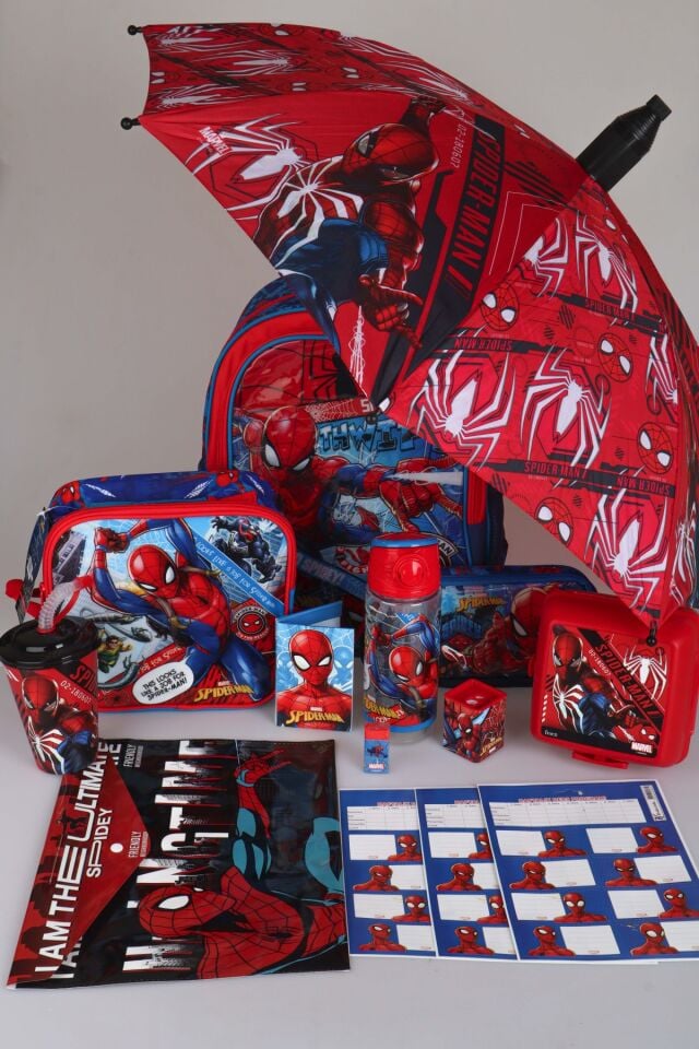 DEKOMUS İLE YENİ SEZON LİSANSLI SPIDERMAN KILIFLI ŞEMSİYE İLE OKUL,BESLENME VE KALEM ÇANTASI,MATARA,BESLENME KABI İLE FULL KIRTASİYE SETİ