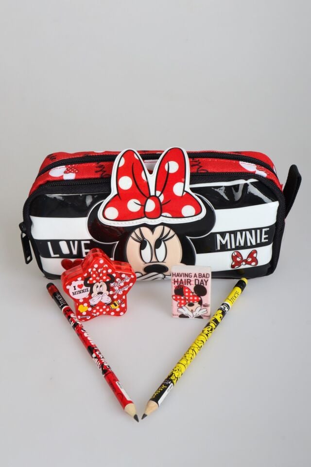 DEKOMUS İLE LİSANSLI MINNIE MOUSE KALEM ÇANTASI ,2 ADET SİLGİLİ KURŞUN KALEM,SİLGİ VE YILDIZ KALEMTRAŞ SETİ