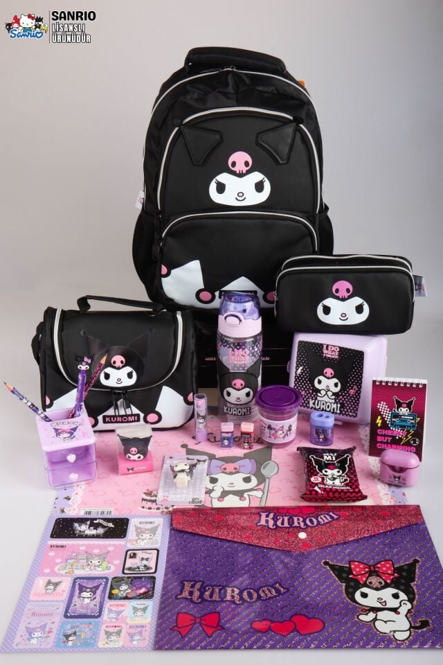 x Dekomus Lisanslı Kuromi Dark Delight Collection Full Kırtasiye Seti Okul,Beslenme ve Kalem Çantası,Beslenme Kabı,Matara