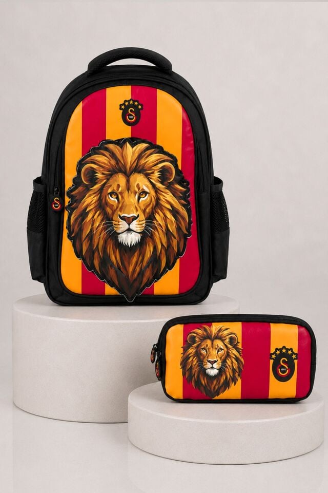 x Dekomus Lisanslı Galatasaray 3D Özel Tasarım Leon Baskılı Büyük Boy Okul Çantası ve Kalem Çantası