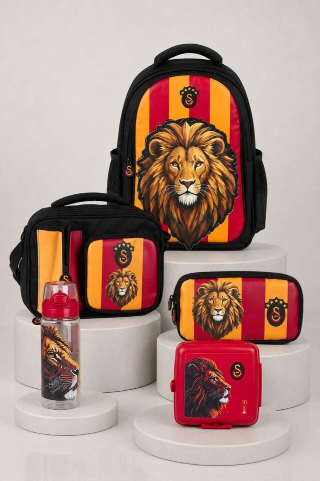 x Dekomus Lisanslı Galatasaray 3D Özel Tasarım Leon Baskılı Büyük Boy Okul,Beslenme ve Kalem Çantası,Matara,Beslenme Kabı Seti