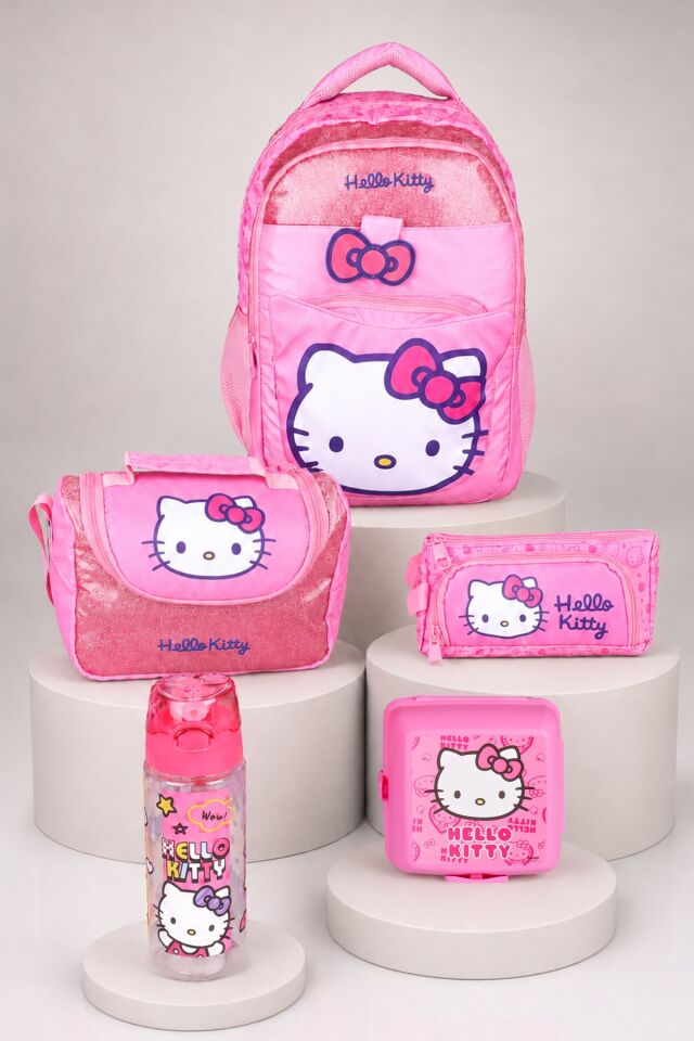 x Dekomus Lisanslı Hello Kitty Glitter Bow Collection Okul Çantası,Termoslu Beslenme Çantası ve Kalem Çantası,Beslenme Kabı,Matara Seti