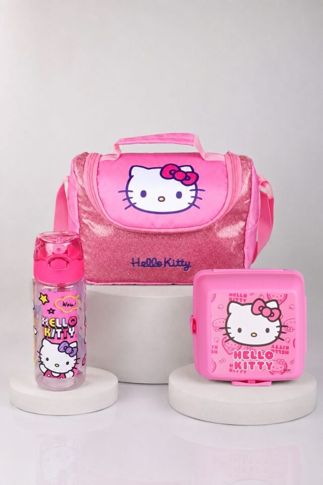 x Dekomus Lisanslı Hello Kitty Glitter Bow Collection Termoslu Beslenme Çantası,Beslenme Kabı ve Matara Seti
