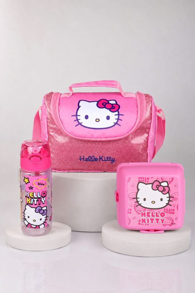 x Dekomus Lisanslı Hello Kitty Glitter Bow Collection Termoslu Beslenme Çantası,Beslenme Kabı ve Matara Seti