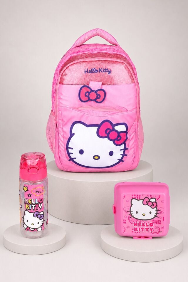 x Dekomus Lisanslı Hello Kitty Glitter Bow Collection Büyük Boy Okul Çantası,Beslenme Kabı ve Matara Seti