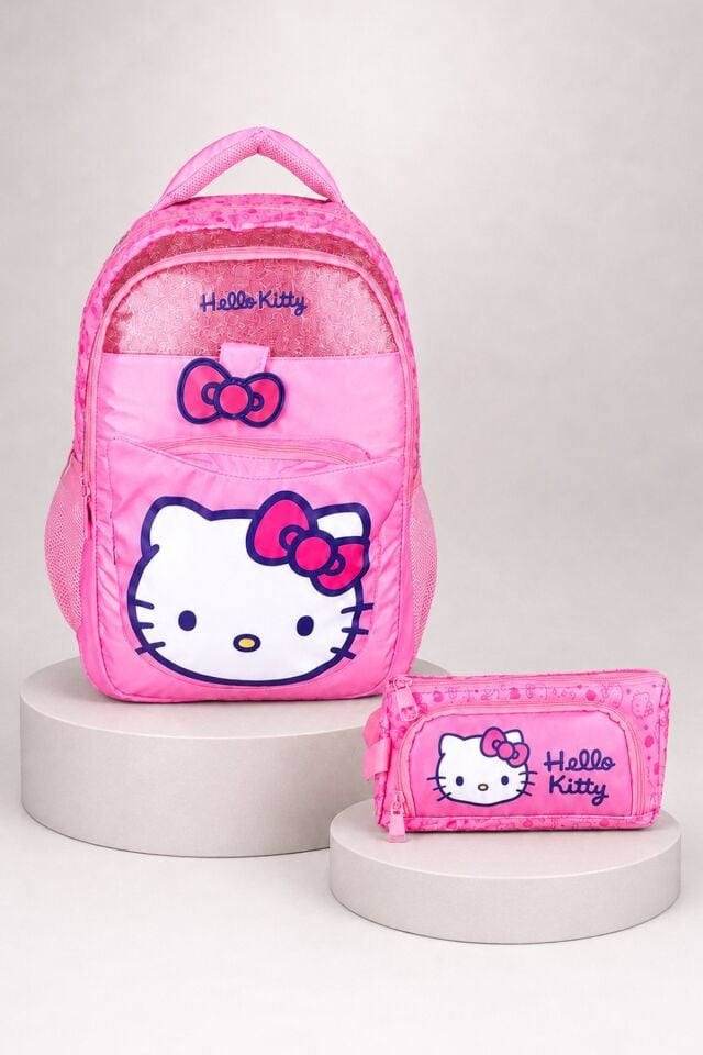 x Dekomus Lisanslı Hello Kitty Glitter Bow Collection Büyük Boy Okul Çantası ve Kalem Çantası Seti