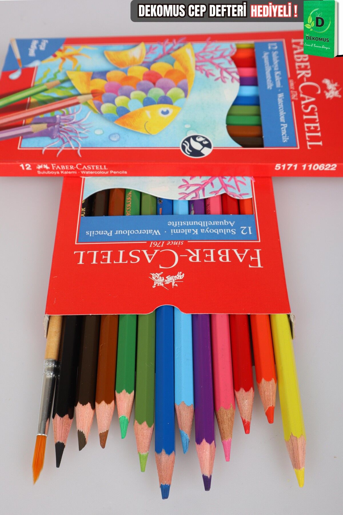 Orjinal Faber-Castell Aquarel 12 Renk Sulu Boya ve Fırça Seti Dekomus Cep Defteri Hediyeli