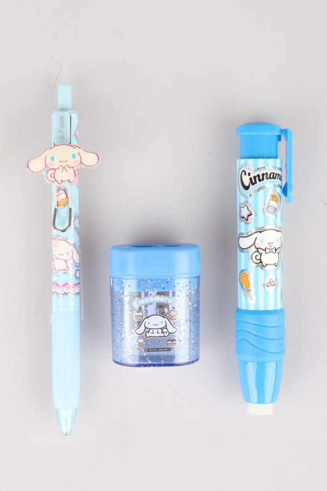 x Dekomus Lisanslı Cinnamoroll 0.7 MM Uçlu Kalem,Silgi ve Çift Bıçaklı Kalemtraş Seti