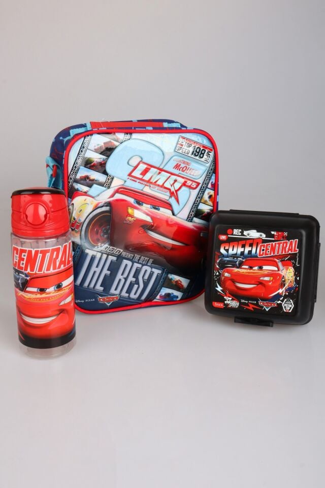 ''DEKOMUS CEP DEFTERİ HEDİYELİ'' LİSANSLI CARS BESLENME ÇANTASI,TRITAN MATARA 500 ML VE 2 KATLI BESLENME KABI/LUNCH BOX SETİ