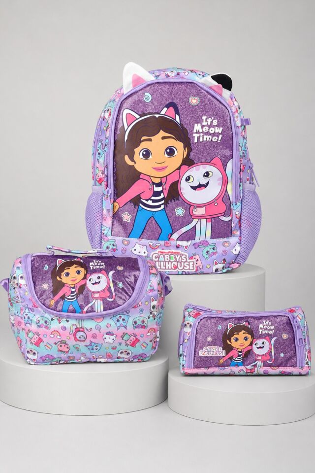 x Dekomus Lisanslı Gabby’s Dollhouse Meow Magic Collection Anaokul Çantası,Termoslu Beslenme Çantası ve Kalem Çantası Seti