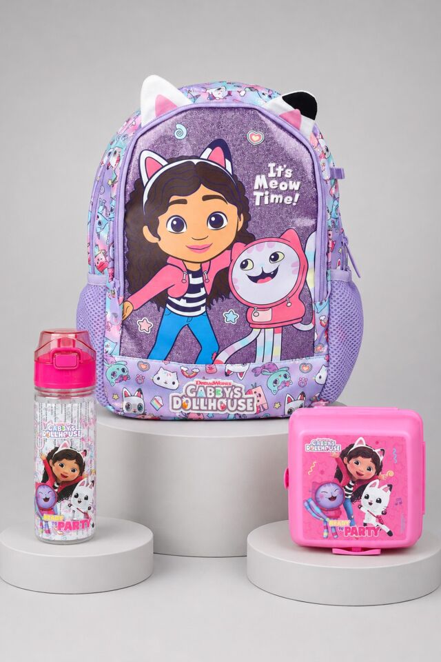 x Dekomus Lisanslı Gabby’s Dollhouse Meow Magic Collection Anaokul Çantası,Beslenme Kabı ve 500 ML Matara Seti