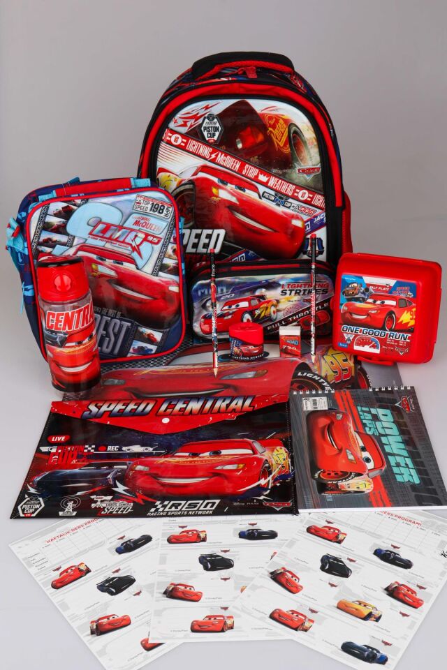 LİSANSLI CARS OKUL,BESLENME VE KALEM ÇANTASI İLE MATARA,BESLENME KABI FULL KIRTASİYE OKUL SETİ