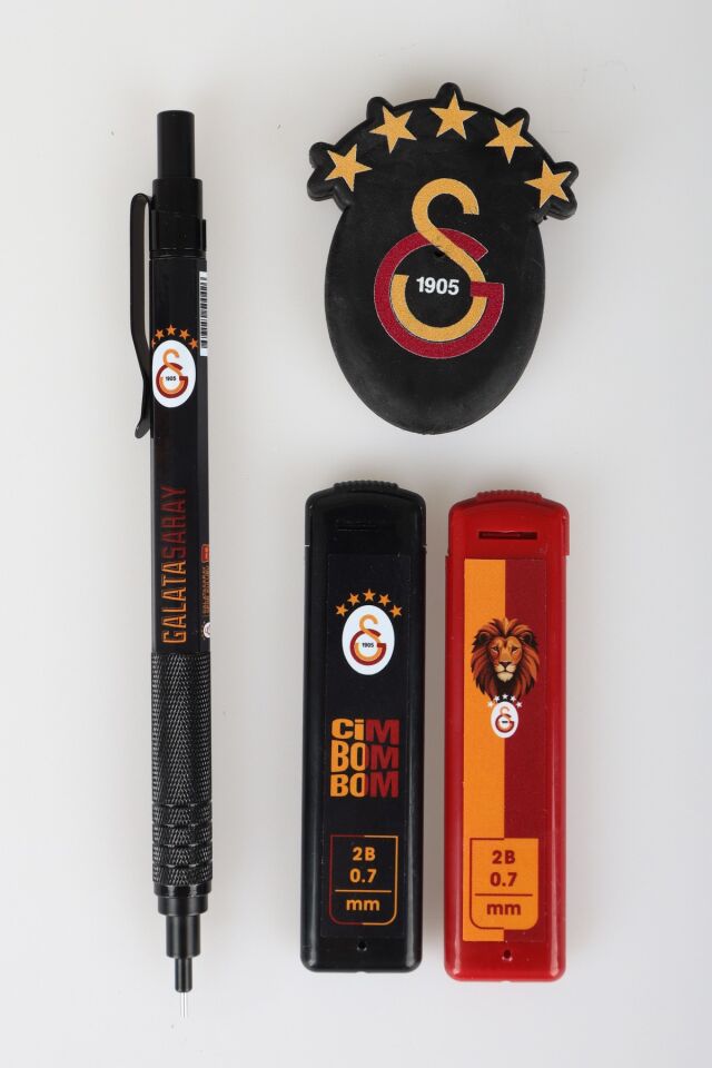 x Dekomus Lisanslı Galatasaray Metal Gövde 0.7 MM Uçlu Kalem/Mimar Kalemi, 2 Adet 0.7 Uç Tüpü ve 5 Yıldızlı Silgi Seti