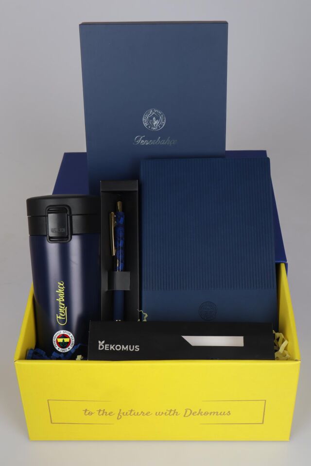 DEKOMUS İLE LİSANSLI FENERBAHÇE ÖZEL KUTULU PREMIUM 400 ML ÇELİK TERMOS,DERİ AJANDA,HYBRID TÜKENMEZ KALEM SETİ