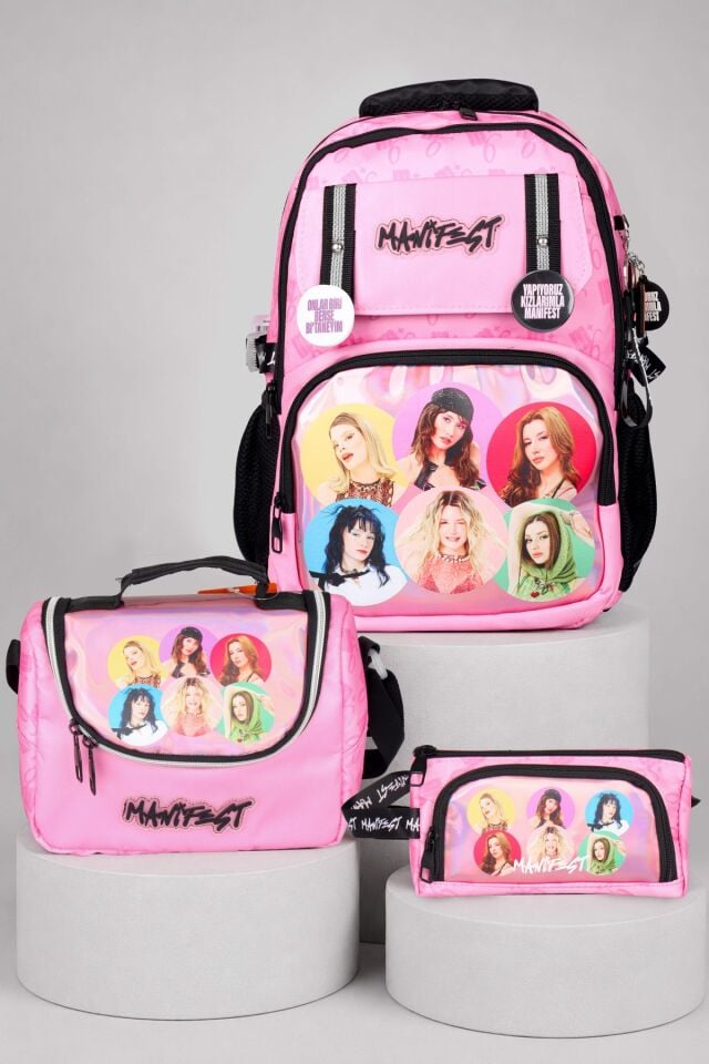x Dekomus Lisanslı Manifest Toz Pembe Collection Okul Çantası,Beslenme Çantası ve Kalem Çantası Seti