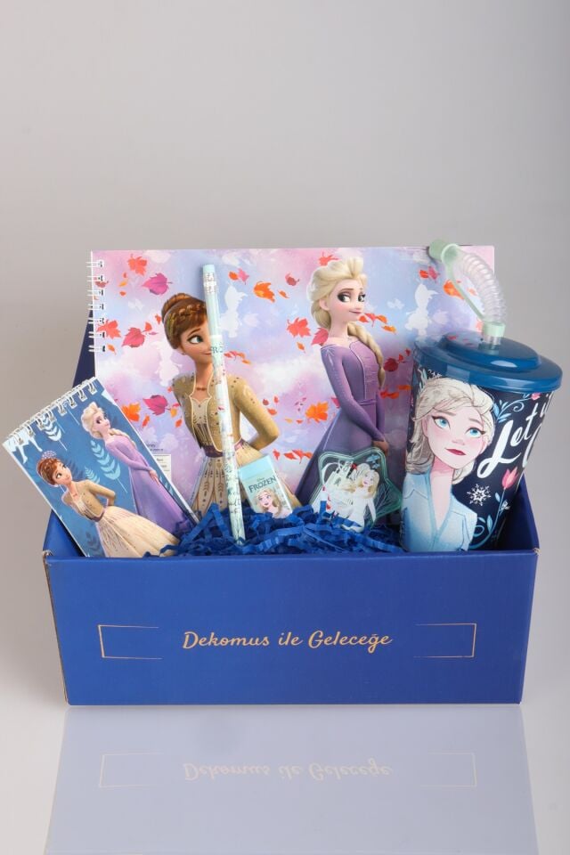 DEKOMUS LİSANSLI İLE GIFT BOX ÖZEL KUTULU ''FROZEN KARLAR ÜLKESİ KIRTASİYE SETİ'' PİPETLİ BARDAK,SİLGİ,NOT DEFTERİ