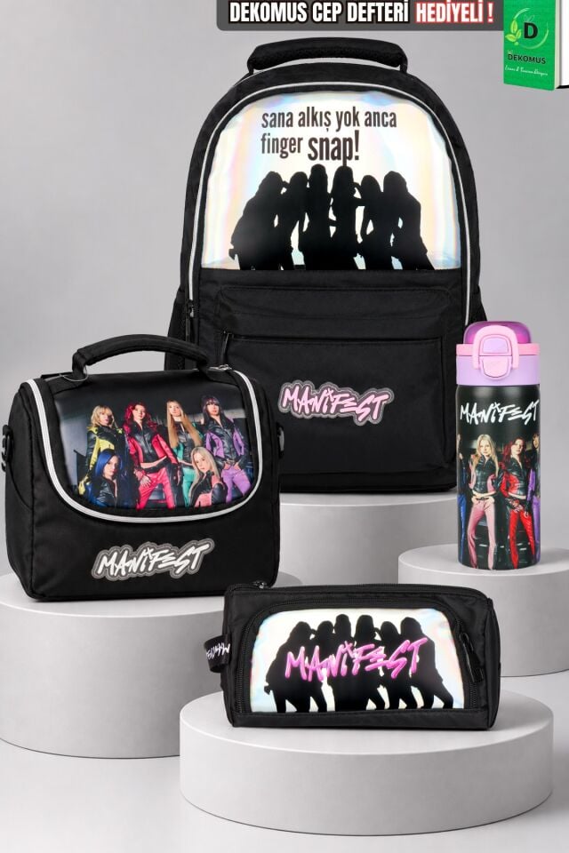x Dekomus Lisanslı Manifest Finger Snap & Amatör Collection Okul,Termoslu Beslenme ve Kalem Çantası,600 ML Çelik Matara Seti