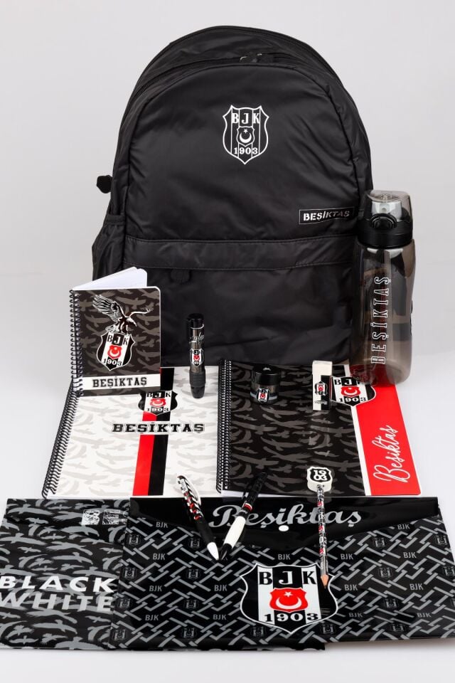 YENİ SEZON LİSANSLI BEŞİKTAŞ BÜYÜK BOY OKUL ÇANTASI,700 ML MATARA,A4 72 YAPRAK KARELİ VE ÇİZGİLİ DEFTER,BLOKNOT KIRTASİYE SETİ