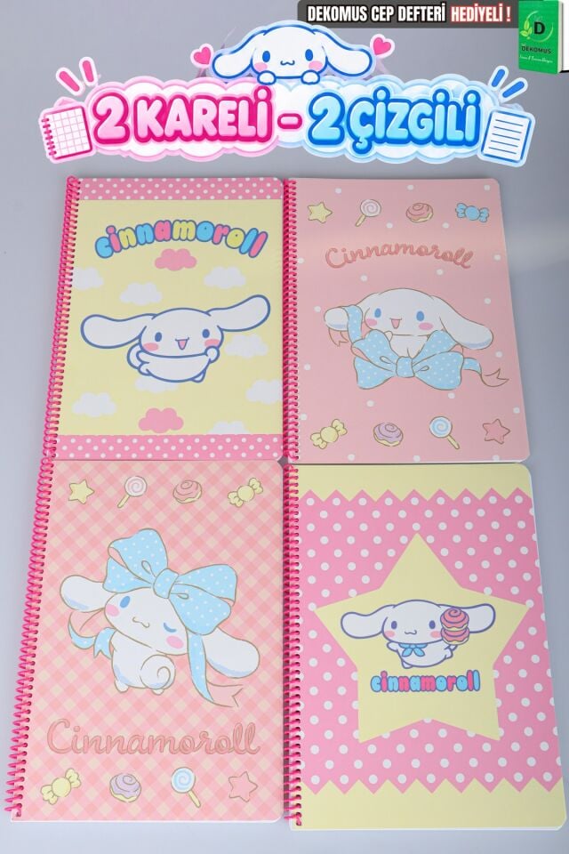Sweet Bow Collection Lisanslı Cinnamoroll Stickerlı 2 Adet Kareli , 2 Adet Çizgili A4 Defter Seti Dekomus Cep Defteri Hediyeli