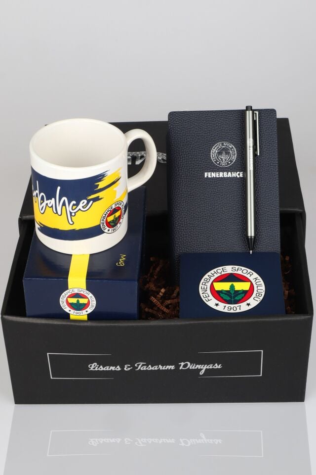 Özel Kutulu Lisanslı Fenerbahçe Kupa,A6 Suni Deri Bloknot&Tükenmez Kalem,Kupa Altlığı Seti