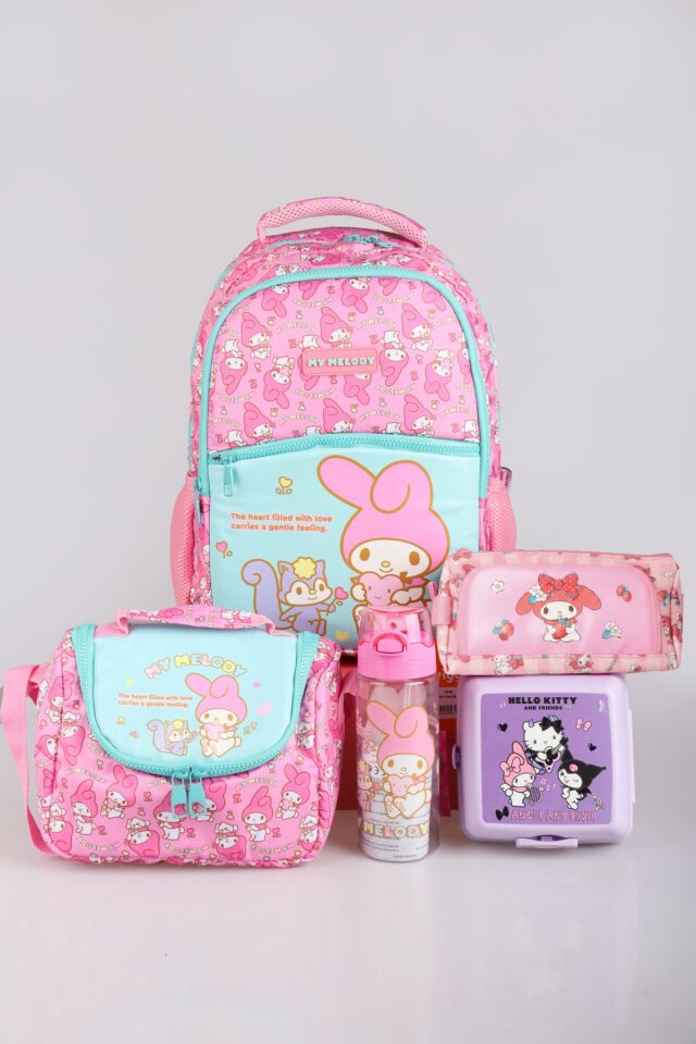 YENİ SEZON LİSANSLI MY MELODY&BEST FRIENDS ''MELOPINK KOLEKSİYONU'' OKUL,KALEM VE TERMOSLU BESLENME ÇANTASI İLE 500 ML MATARA,BESLENME KUTUSU ''DEKOMUS CEP DEFTERİ HEDİYELİ''