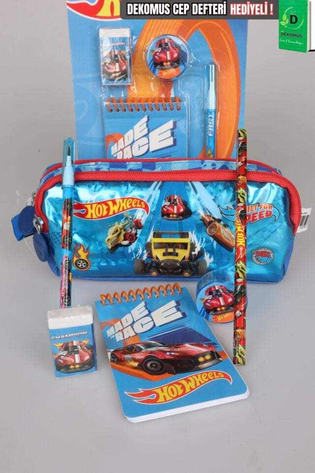 Lisanslı Hot Wheels Kalem Çantası,Geçmeli Kalem,Not Defteri,Kurşun Kalem,Silgi ve Kalemtraş Seti