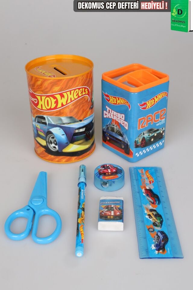 Lisanslı Hot Wheels Masa Üstü Kırtasiye Seti Kalemlik,Kumbara,Silgi,Makas,Cetvel