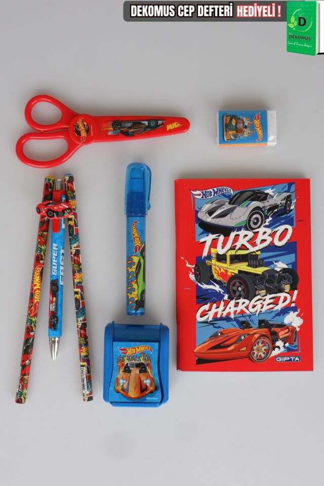 Lisanslı Hot Wheels Kırtasiye Seti Makas,Bloknot,Roket Silgi,Uçlu Kalem 0.7mm
