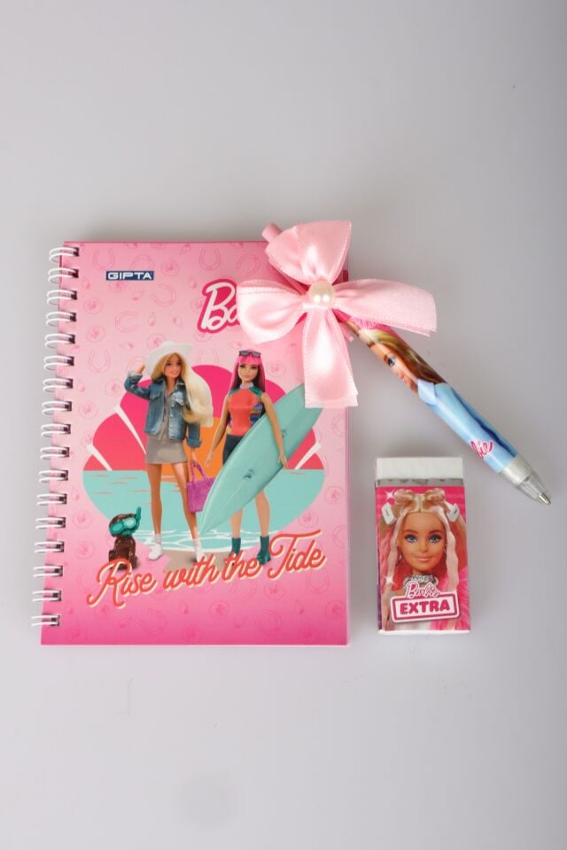x Dekomus Lisanslı Barbie A6 Bloknot, Kurdele Başlıklı Uçlu Kalem ve Silgi Seti