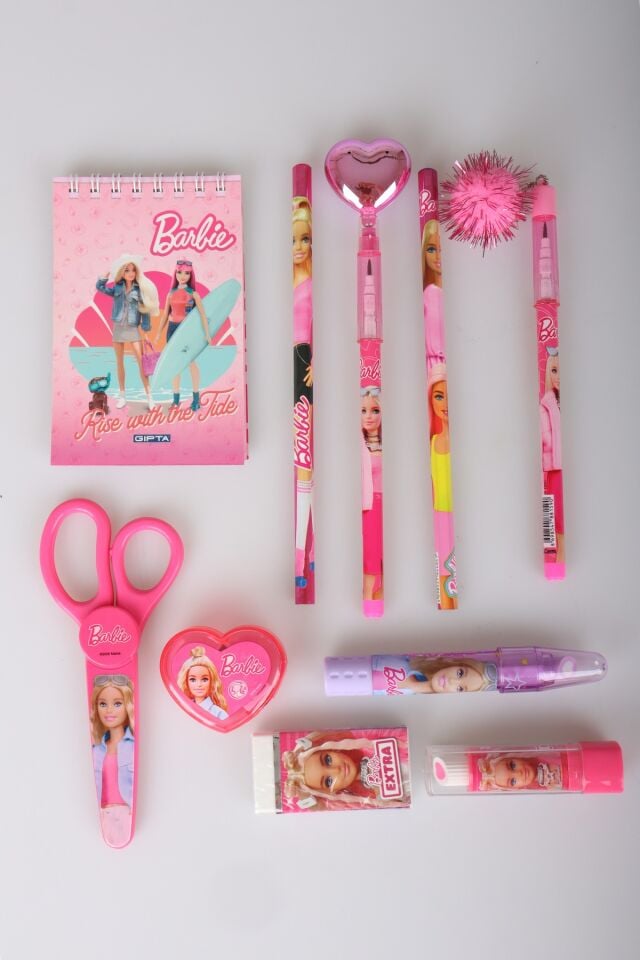 x Dekomus Lisanslı Barbie 10 Parça Kırtasiye Seti Makas,Bloknot,Ponpon Başlıklı Geçmeli Kurşun Kalem,Roket Silgi,Kalpli Kalemtraş