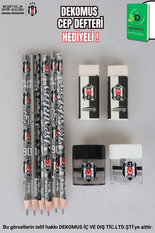 ''DEKOMUS CEP DEFTERİ HEDİYELİ'' LİSANSLI BEŞİKTAŞ 6 ADET KURŞUN KALEM,2 ADET SİLGİ VE 2 ADET KALEMTRAŞ SETİ