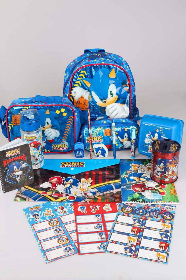 LİSANSLI SONIC TEK BÖLMELİ KÜÇÜK BOY 32 CM ANAOKUL ÇANTASI, BESLENME ÇANTASI VE KALEM ÇANTASI,MATARA,BESLENME KABI FULL KIRTASİYE SETİ