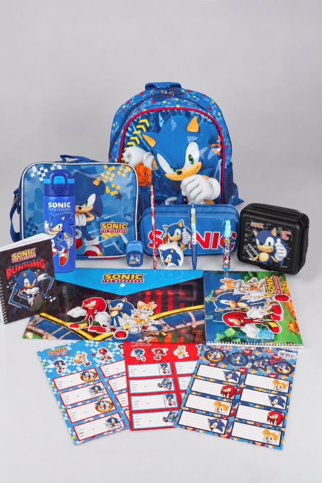 LİSANSLI SONIC TEK BÖLMELİ KÜÇÜK BOY 32 CM ANAOKUL ÇANTASI, BESLENME ÇANTASI VE KALEM ÇANTASI,ÇELİK MATARA,BESLENME KABI FULL KIRTASİYE SETİ