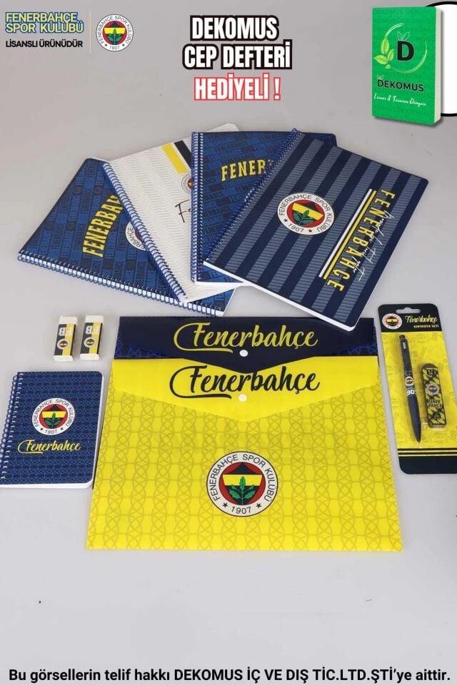 LİSANSLI FENERBAHÇE A4 2 ADET KARELİ,2 ADET ÇİZGİLİ DEFTER,2 ADET ÇITÇIT DOSYA,2 ADET SİLGİ,BLOKNOT,UÇLU KALEM VE UÇ SETİ ''DEKOMUS CEP DEFTERİ HEDİYELİ''
