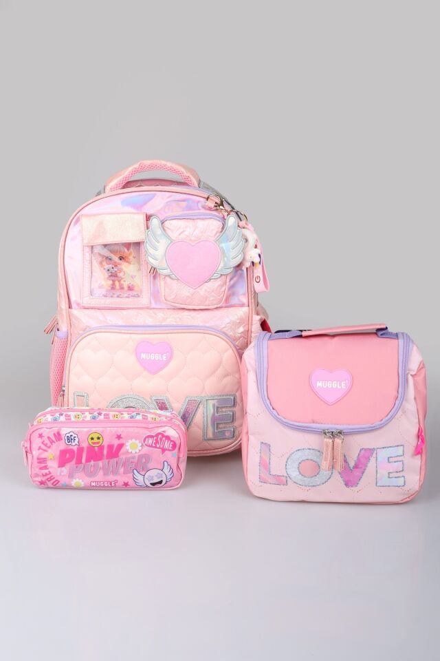 DEKOMUS İLE ''LOVE KOLEKSİYONU'' BÜYÜK BOY OKUL ÇANTASI,TERMOSLU BESLENME ÇANTASI VE KALEM ÇANTASI