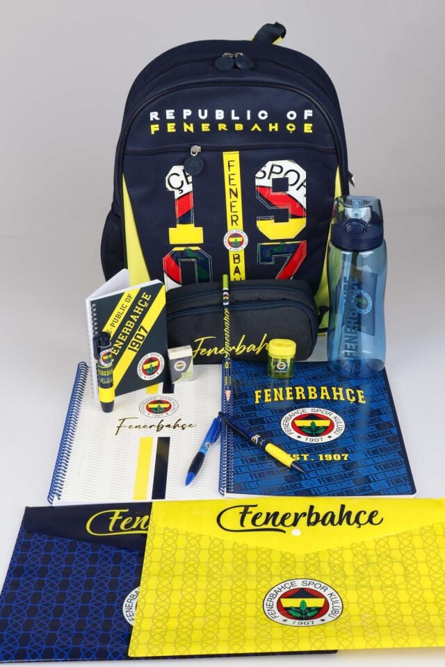 LİSANSLI FENERBAHÇE BÜYÜK BOY OKUL ÇANTASI,KALEM ÇANTASI,A4 2 ADET DEFTER,700 ML MATARA İLE KIRTASİYE SETİ