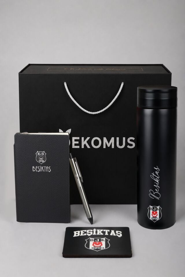 x Dekomus Özel Kutulu Lisanslı Beşiktaş 500 ML Çelik Matara,A6 Suni Deri Bloknot&Tükenmez Kalem,Kupa Altlığı Seti