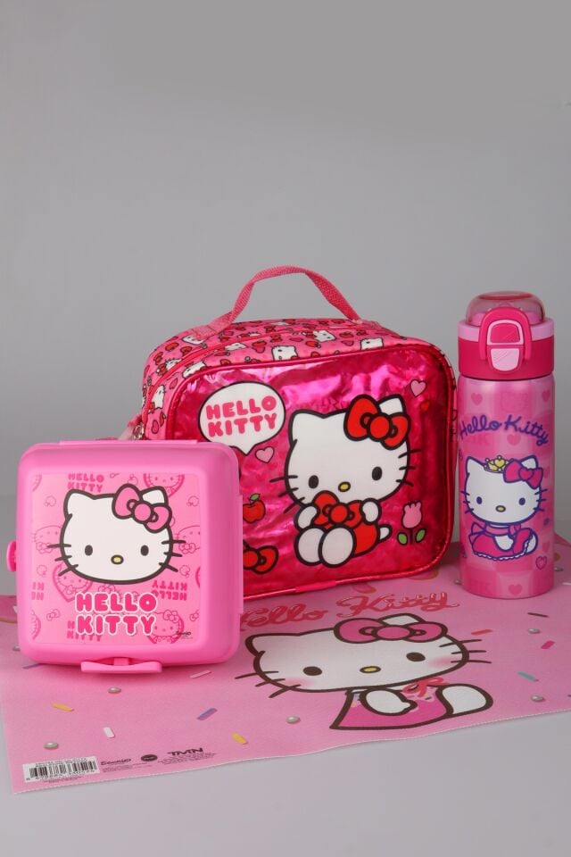 x Dekomus Lisanslı Hello Kitty Love Shine Collection Beslenme Çantası,600 ML Çelik Matara,Beslenme Örtüsü ve Beslenme Kabı Seti