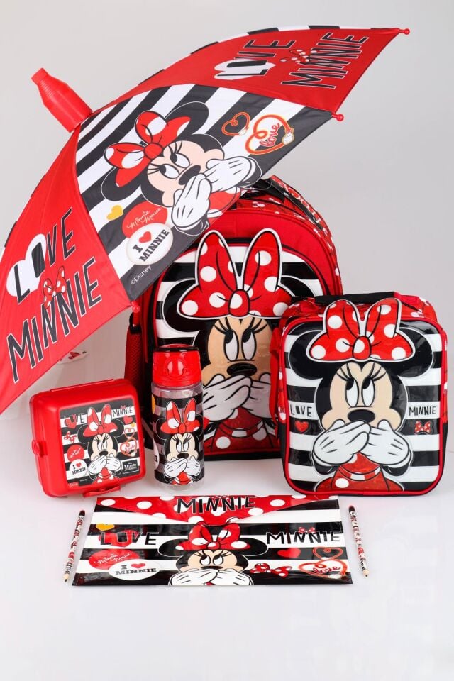 YENİ SEZON LİSANSLI MINNIE MOUSE OKUL,BESLENME ÇANTASI İLE BESLENME KABI,MATARA 500 ML,ŞEMSİYE VE KIRTASİYE OKUL SETİ